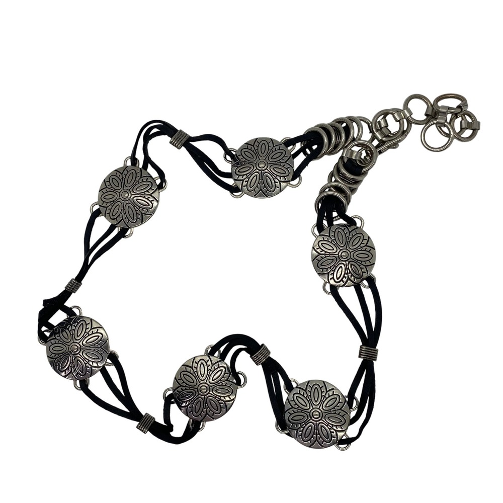 Silver Flower Belt Black Suede Western Boho Chain Adjustable Women's